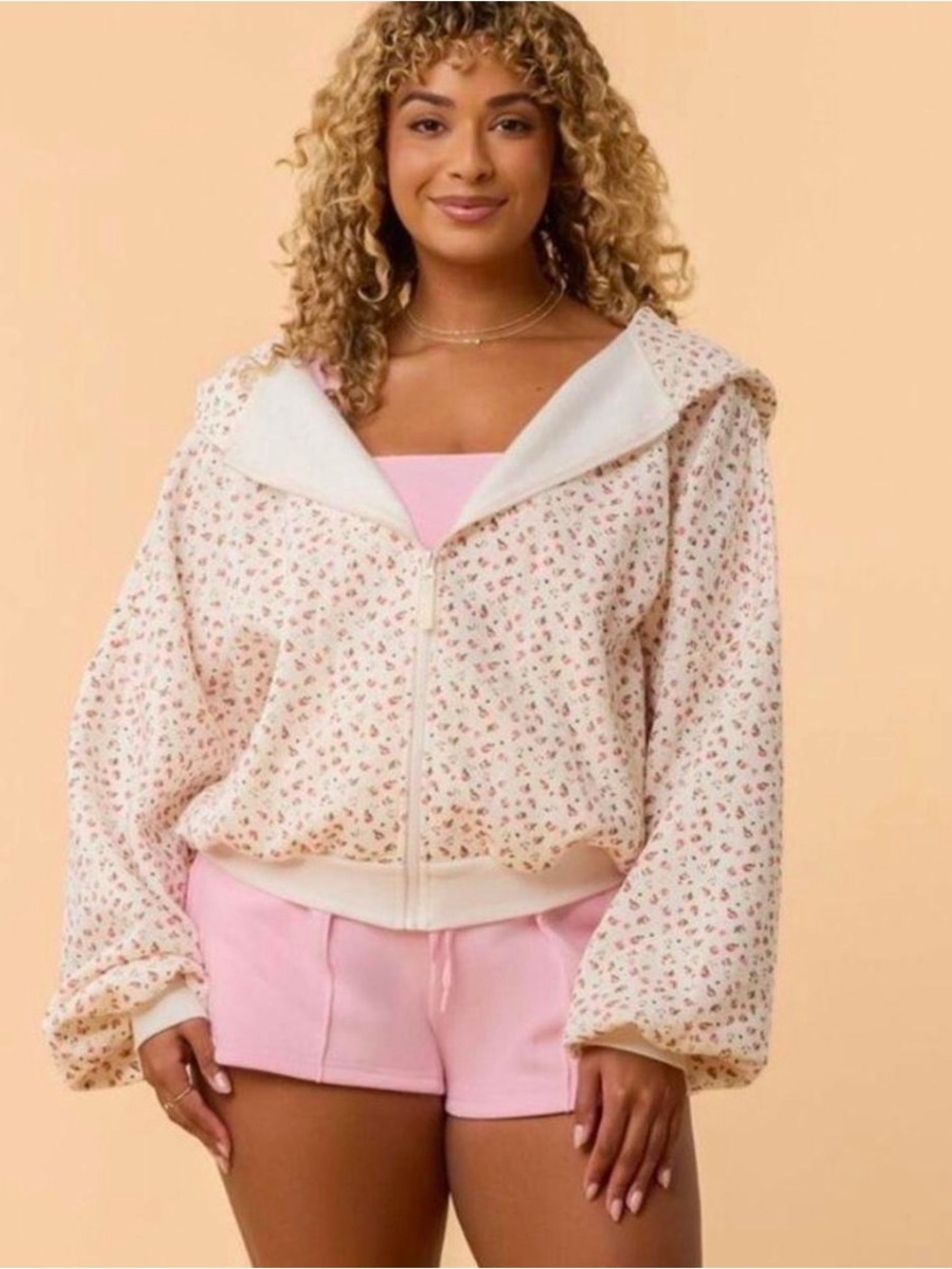 Blogilates Pink Floral Zip-Up Hoodie with Sherpa Lining